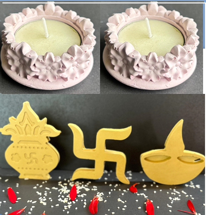 Concrete Puja Set & Floral Candle Holder Rangoli ( 5 Pc Set )