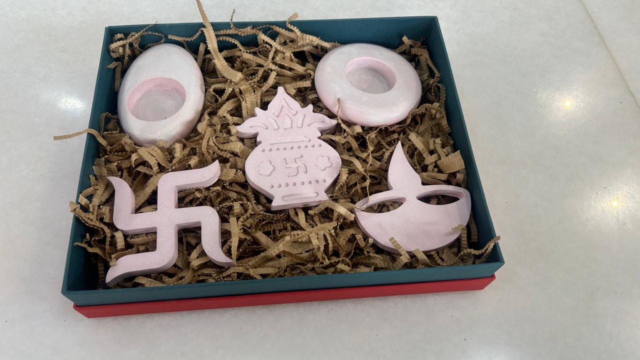 Concrete Puja Set & Floral Candle Holder Rangoli ( 5 Pc Set )