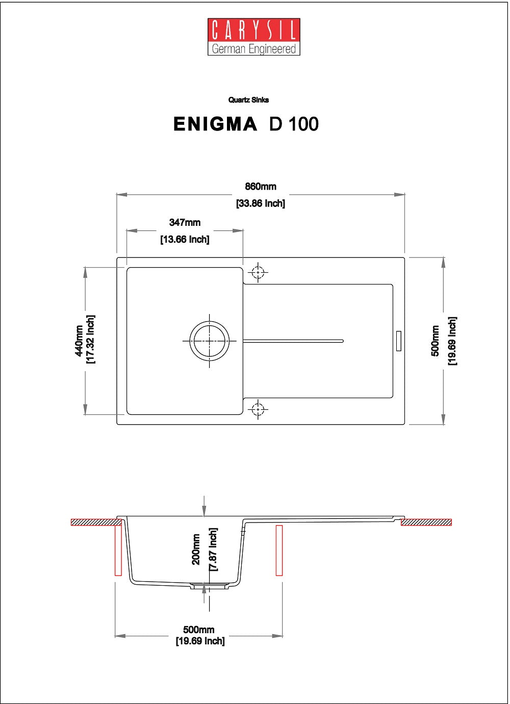 Carysil- Kitchen Sink - Enigma -D-100 - Single Bowl With Darner