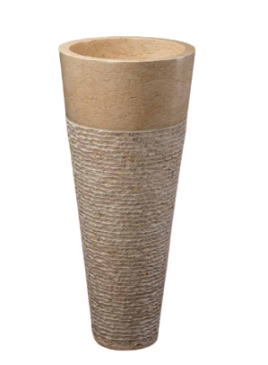 A cone-shaped stone basin with a textured surface on a pedestal base.