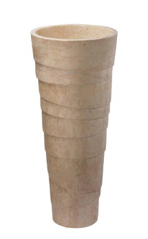 A beige cone-shaped stone basin with a smooth finish.