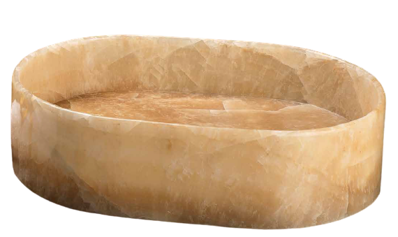 An oval-shaped stone basin with a smooth, flat base, presented in a beige to light brown gradient, likely made from natural stone material