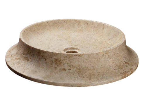 A round beige stone basin with a central drain hole, displaying a natural stone finish.